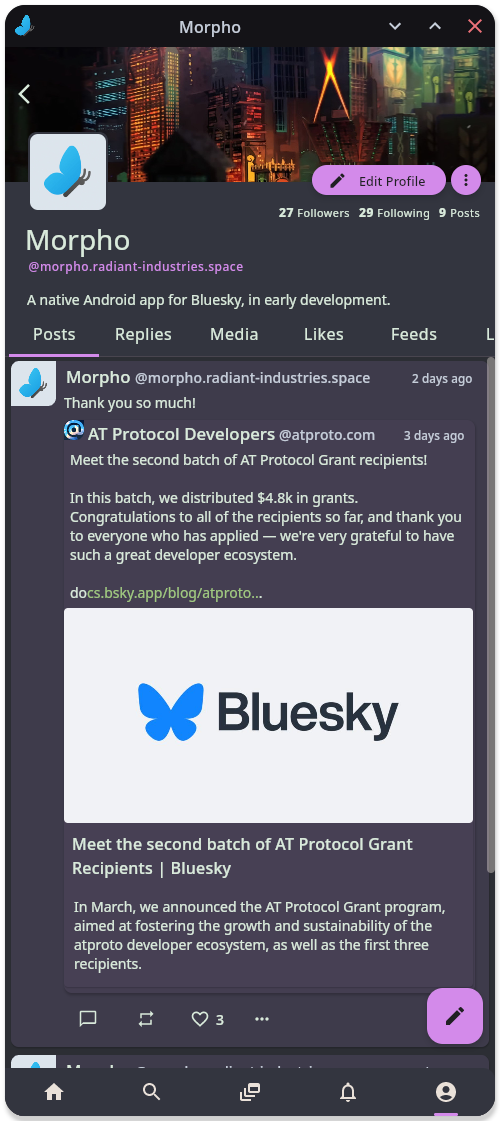 A screenshot of the Morpho Bluesky client running on desktop,
showing the profile page for the project and a post thanking Bluesky for some grant money